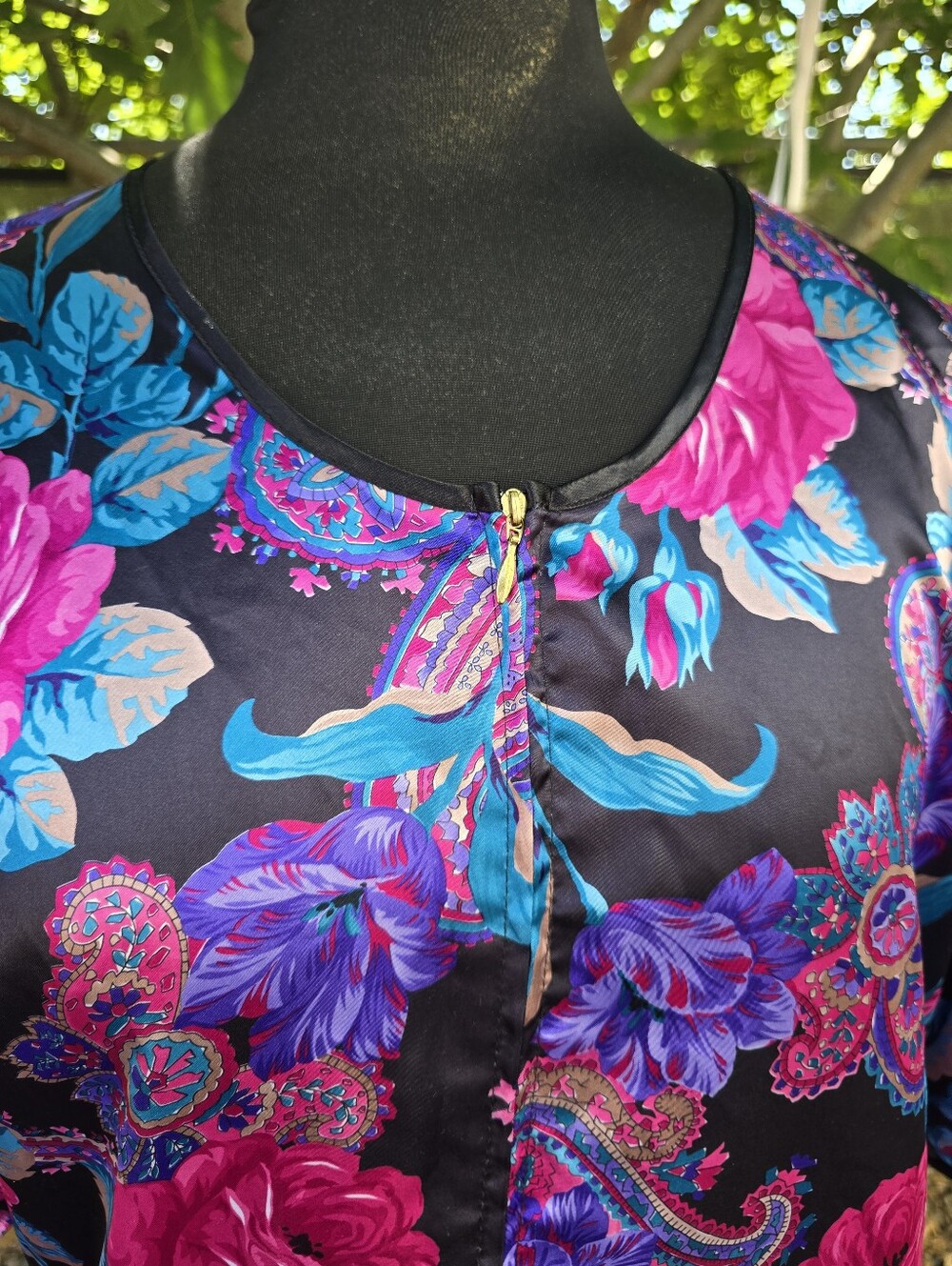 Vtg 80's Floral Paisley Satin Housecoat Muumuu Dress Maximalist Whimsigoth Glam - Picture 8 of 11